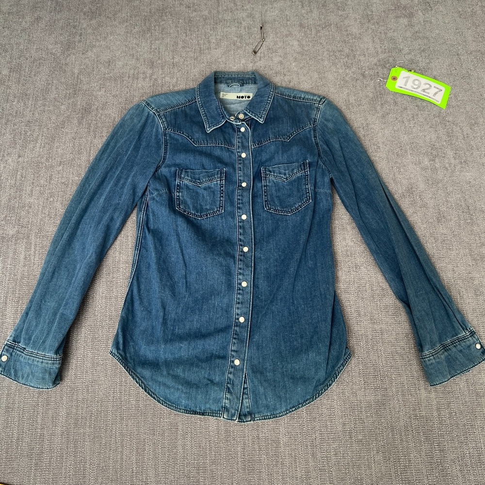 Topshop Moto Western Shirt Womens 2 Blue Denim Long Sleeve Collared Snap Front